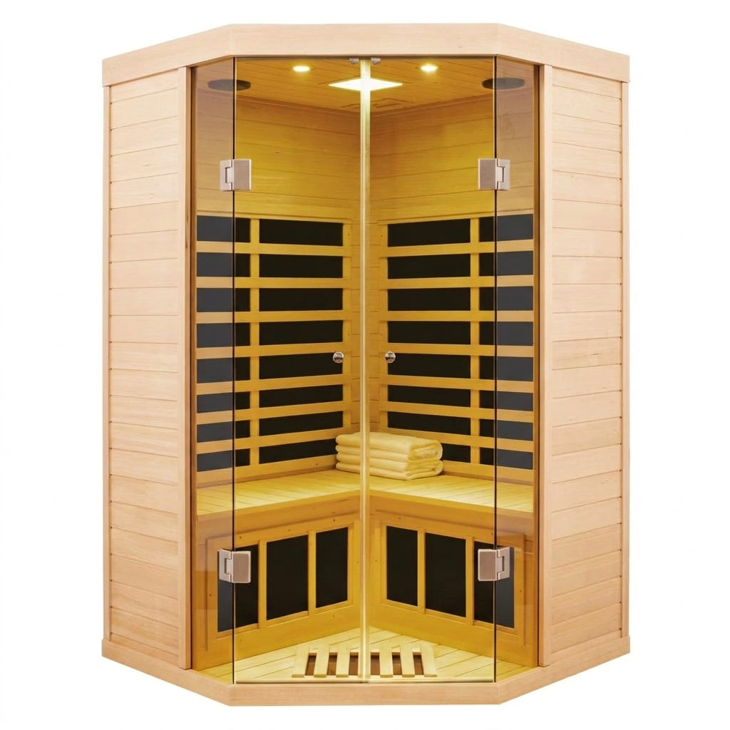 2-Person Corner Far Infrared Sauna Room - Hemlock Wood, Deluxe Transparent Glass Front, Large Capacity Home Sauna — Studio Shot