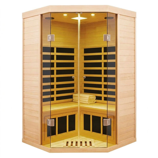 2-Person Corner Far Infrared Sauna Room - Hemlock Wood, Deluxe Transparent Glass Front, Large Capacity Home Sauna — Studio Shot