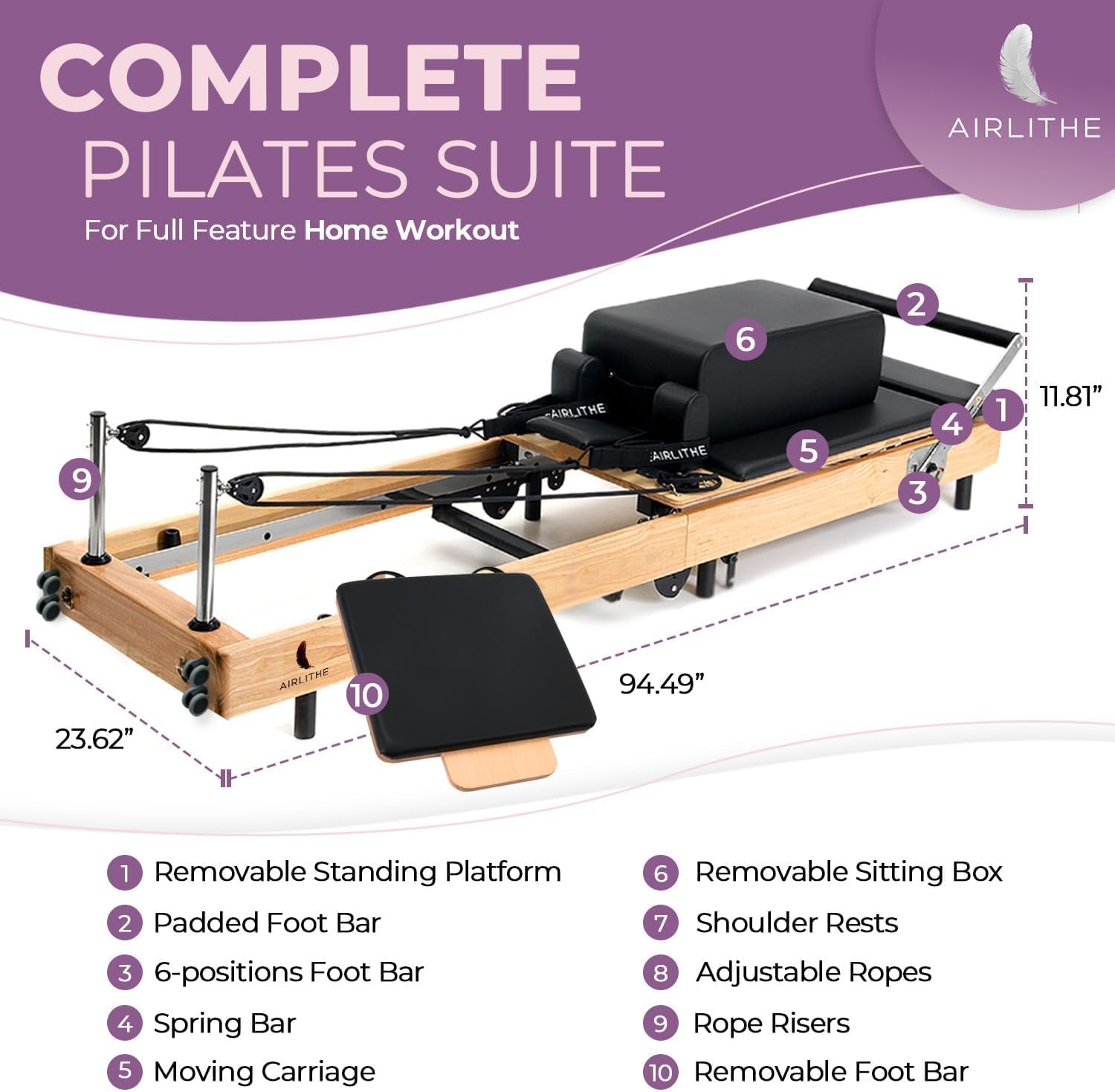 Foldable Wooden Pilates Reformer for Home, 70+ Guided Workouts | Reformer Box, Foot Board, Jump Board, 360-Degree Wheels, Non-Slip Feet, Supports Rehabilitation and Physiotherapy
