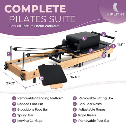 Foldable Wooden Pilates Reformer for Home, 70+ Guided Workouts | Reformer Box, Foot Board, Jump Board, 360-Degree Wheels, Non-Slip Feet, Supports Rehabilitation and Physiotherapy