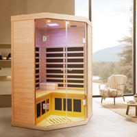 2-Person Corner Far Infrared Sauna Room - Hemlock Wood, Deluxe Transparent Glass Front, Large Capacity Home Sauna