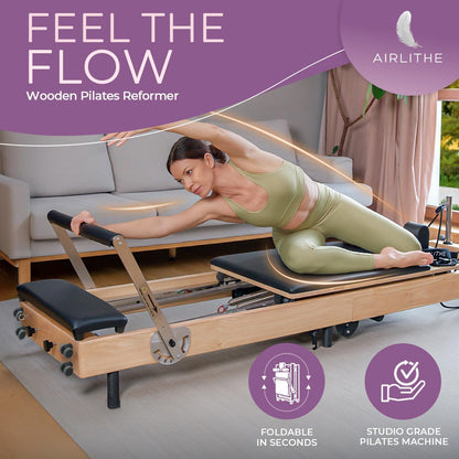 Foldable Wooden Pilates Reformer for Home, 70+ Guided Workouts | Reformer Box, Foot Board, Jump Board, 360-Degree Wheels, Non-Slip Feet, Supports Rehabilitation and Physiotherapy