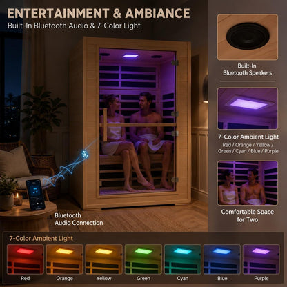 2 Person Far Infrared Sauna with Smart APP Control, 2000W Low EMF Wooden Infrared Sauna Room for Home, 8 Carbon Mica Heating Panels Wellness Sauna, Canadian Hemlock Indoor Spa for Home Relaxation