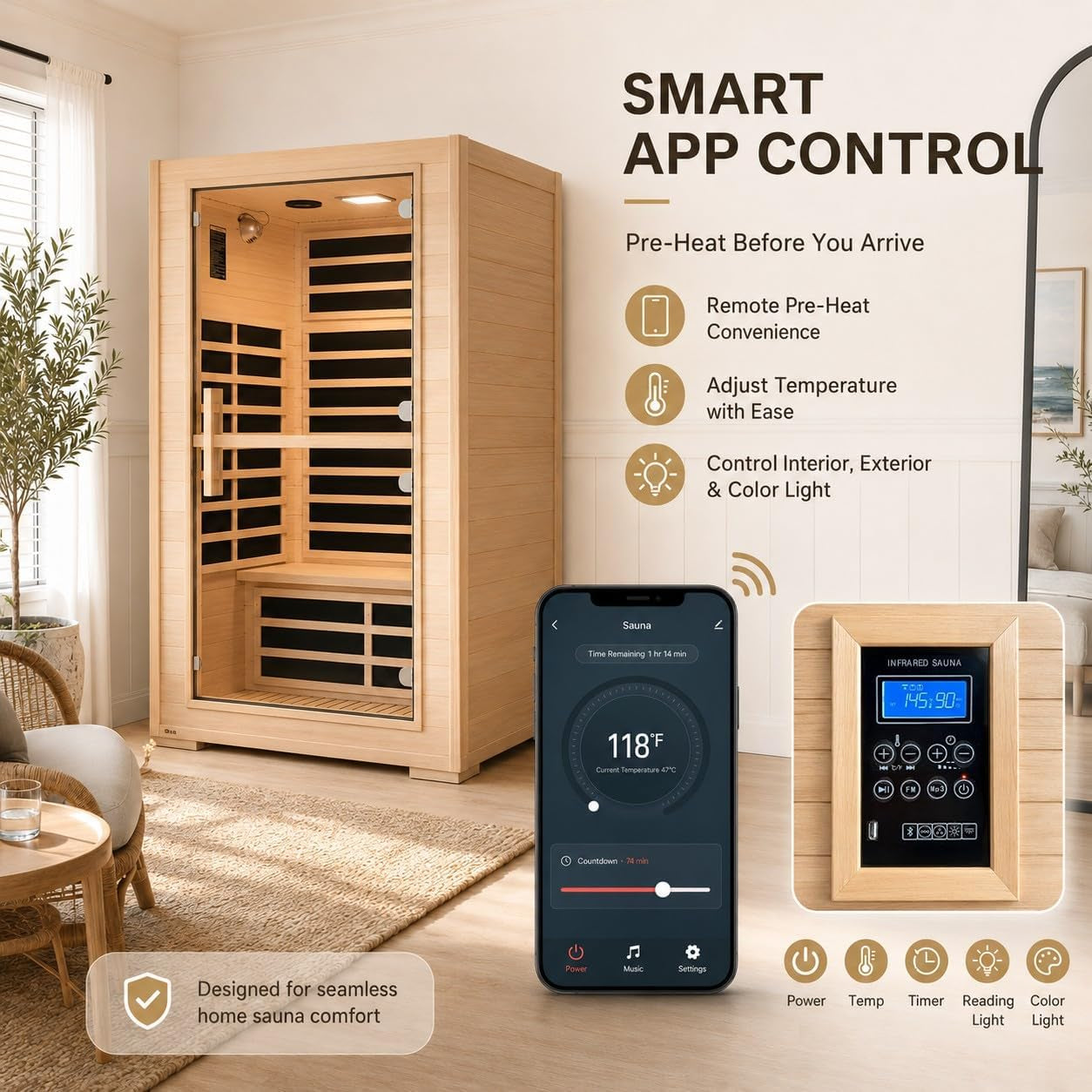 2 Person Far Infrared Sauna with Smart APP Control, 2000W Low EMF Wooden Infrared Sauna Room for Home, 8 Carbon Mica Heating Panels Wellness Sauna, Canadian Hemlock Indoor Spa for Home Relaxation