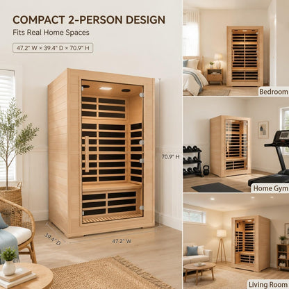 2 Person Far Infrared Sauna with Smart APP Control, 2000W Low EMF Wooden Infrared Sauna Room for Home, 8 Carbon Mica Heating Panels Wellness Sauna, Canadian Hemlock Indoor Spa for Home Relaxation